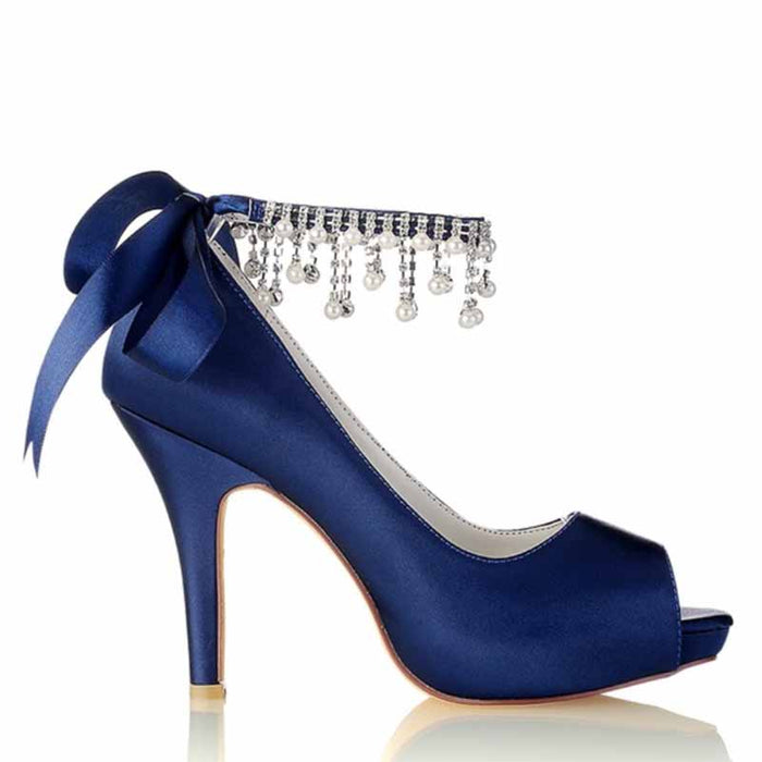 Navy blue beaded peep toe stilettos for women with elegant ribbon detail and shimmering bead accents