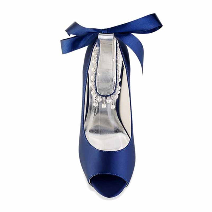 Navy blue beaded peep toe stilettos for women with elegant bow detail and shiny finish