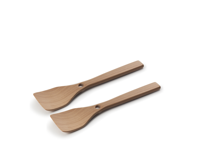 Two Beechwood Spatulas with flat, angled blades and hole-handled design are side by side on a white background—ideal accessories for the Always Pan.