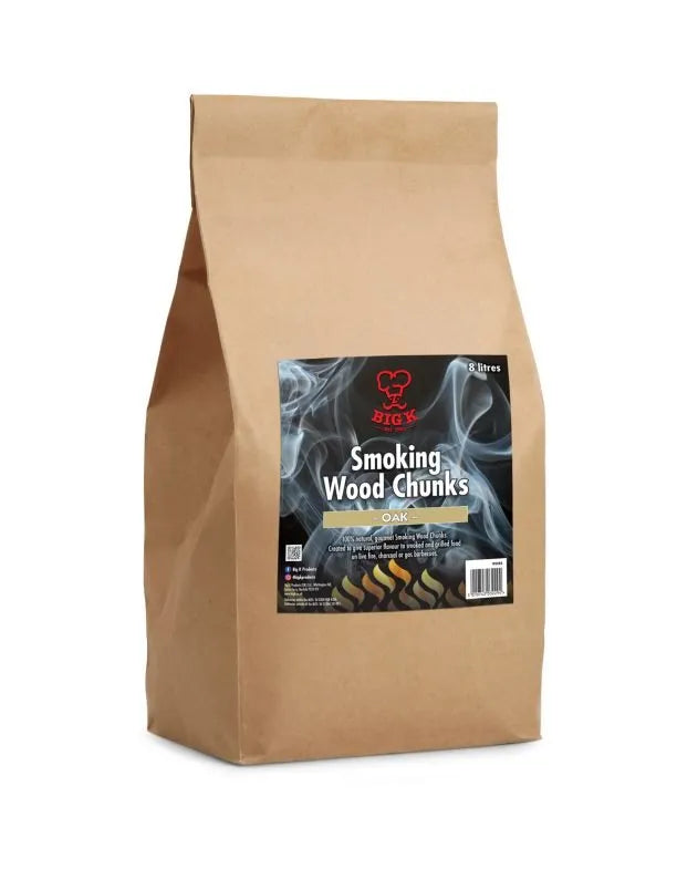 Oak wood smoking chunks in brown paper bag for grilling