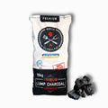 Birch lumpwood charcoal 10kg bag with black and white packaging and charcoal pieces beside it