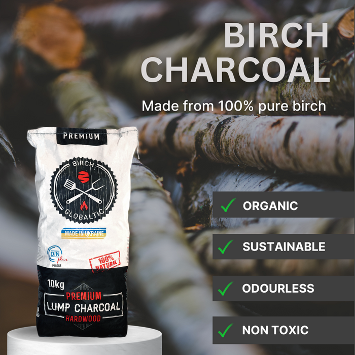 Birch charcoal bag with outdoor background, promotional text overlay