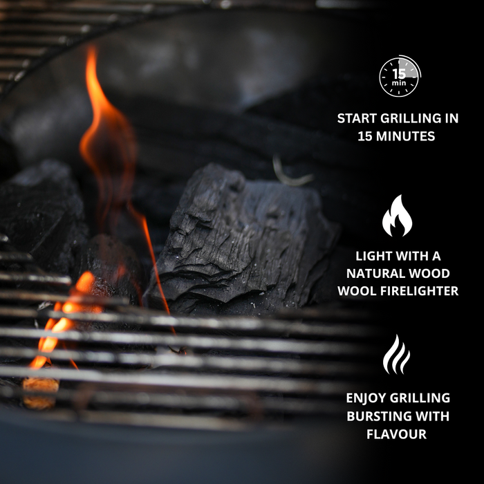 Charcoal grill with burning birch lumpwood charcoal for quick, clean BBQ