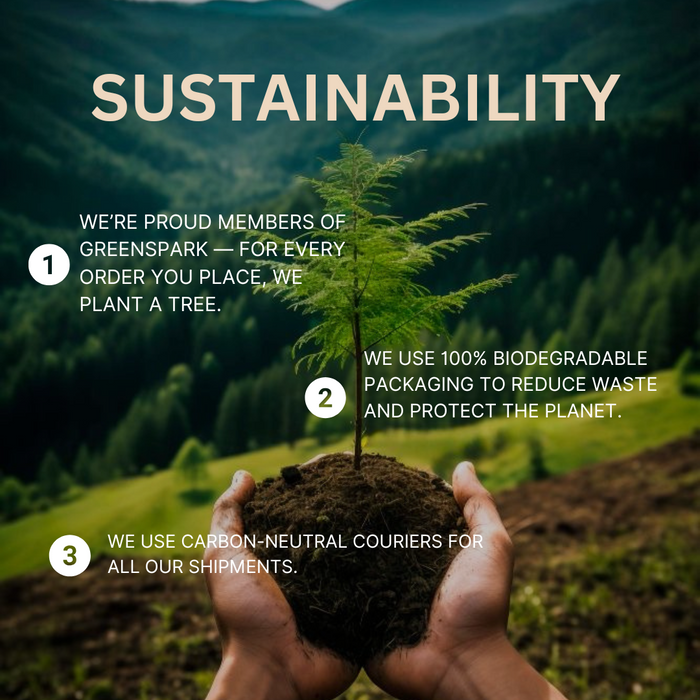Sustainable charcoal packaging with a tree and green landscape background