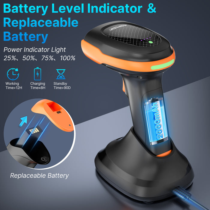 Bluetooth & 2.4GHz Wireless Barcode Scanner with Battery Indicator, Replaceable Battery, 2D/1D QR Code Reader