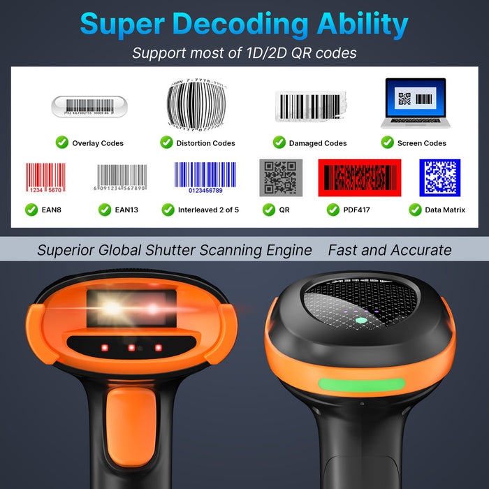 Bluetooth & 2.4GHz Wireless Barcode Scanner with Battery Indicator, Replaceable Battery, 2D/1D QR Code Reader