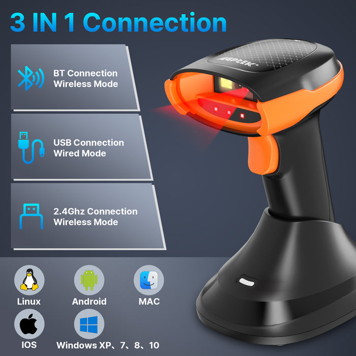 Bluetooth & 2.4GHz Wireless Barcode Scanner with Battery Indicator, Replaceable Battery, 2D/1D QR Code Reader
