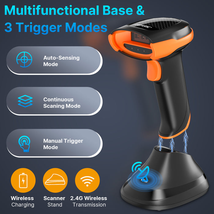 Bluetooth & 2.4GHz Wireless Barcode Scanner with Battery Indicator, Replaceable Battery, 2D/1D QR Code Reader
