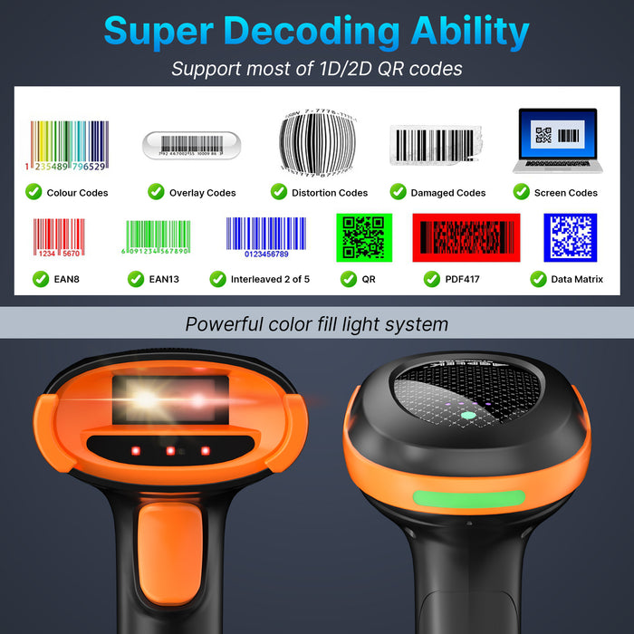 Bluetooth & 2.4GHz Wireless Barcode Scanner–Perfect for Retail 2D/1D QR Code Reader