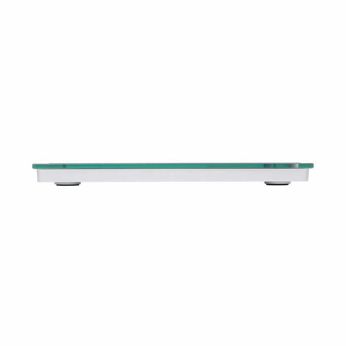 Side view of a glass platform digital bathroom scale with teal accents