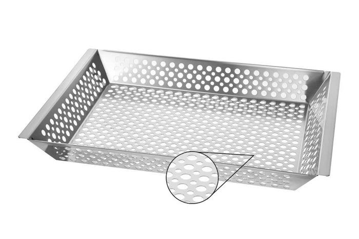 Close-up of perforated stainless steel smoker tray for smoking foods
