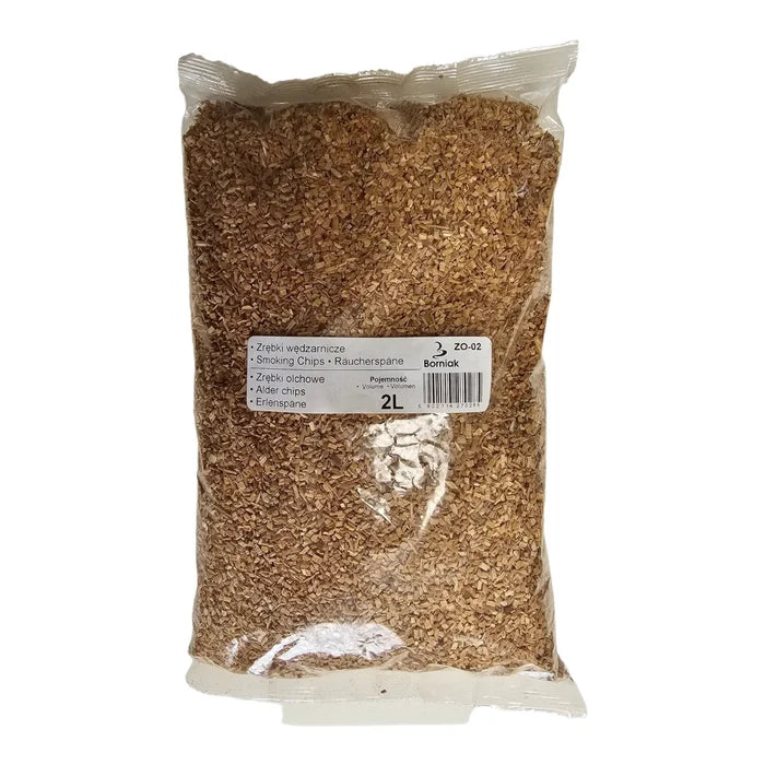 Close-up of chopped alder wood smoking chips in a transparent bag for barbecue