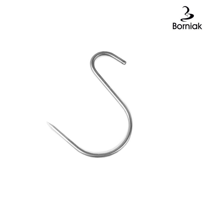Close-up of stainless steel S-hook for smoking and grilling