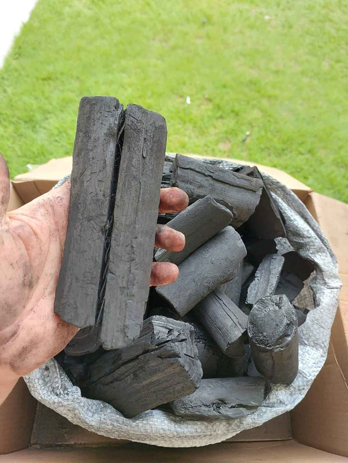 Hand holding charcoal pieces outdoors for barbecue