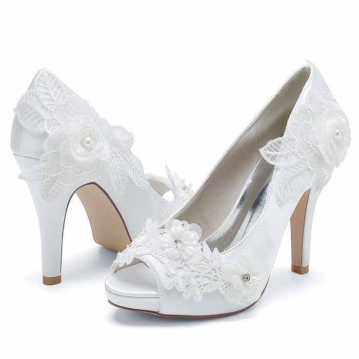 Elegant bridal lace peep toe stiletto heels with floral embellishments for the perfect wedding look