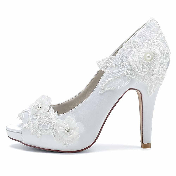 Elegant S&DCo. bridal lace peep toe stiletto heels with floral embroidery for weddings