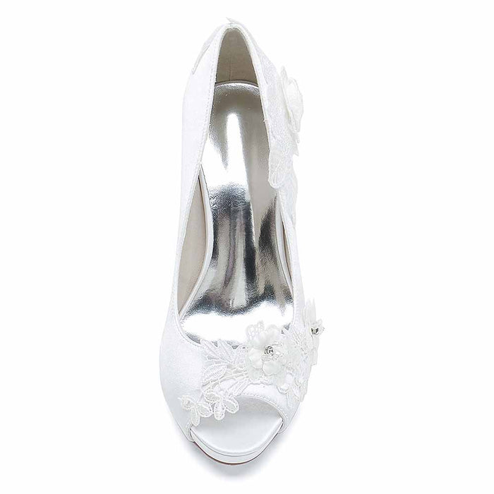 S&DCo. bridal lace peep toe stiletto heels with elegant floral design for weddings