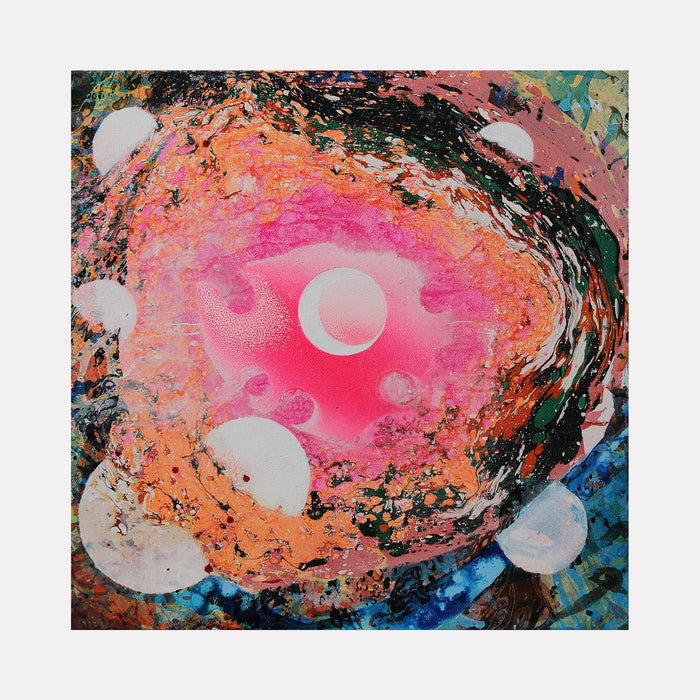 The artwork 'Bright Moon Swirl' features a vibrant cosmic composition with a luminous pink center surrounded by swirling orange, black, and blue textures. White circular moon-like forms float throughout the abstract landscape, creating depth and movement. Mixed media techniques of gouache, spray paint, and conte crayon create a dynamic celestial effect on canvas. By Millie Benson.