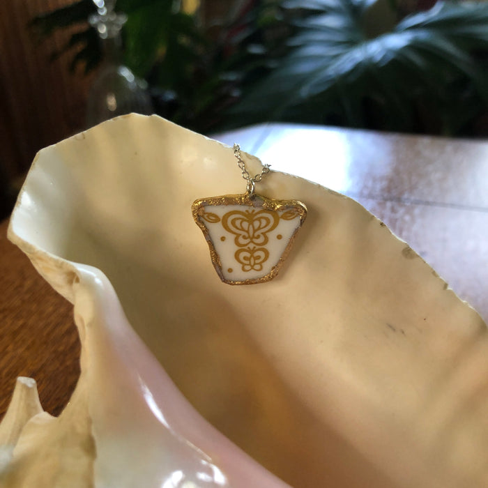 Broken Plate Artisan Made Pendant Corelle Butterfly Gold Plate Handcrafted Necklace 1 1/8in x 1in