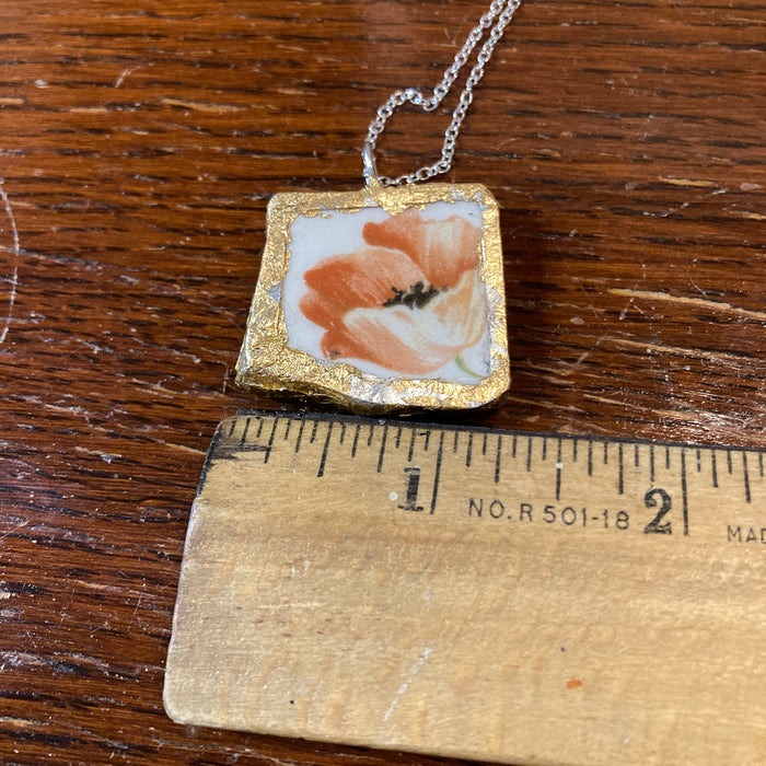 Broken Plate Artisan Made Poppy Flower Pendant Handcrafted Necklace 1 in x 1.25 in