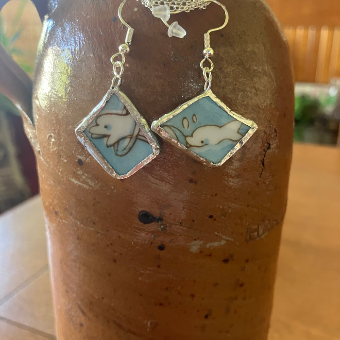 Broken Pottery Artisan Made Dolphin Earrings Haruka Japan Bowl Handcrafted Dangle Earrings
