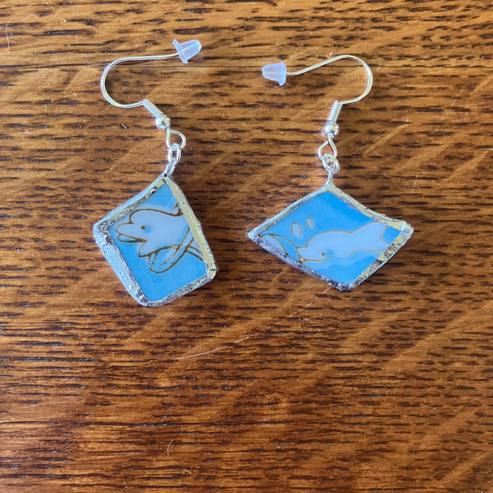 Broken Pottery Artisan Made Dolphin Earrings Haruka Japan Bowl Handcrafted Dangle Earrings