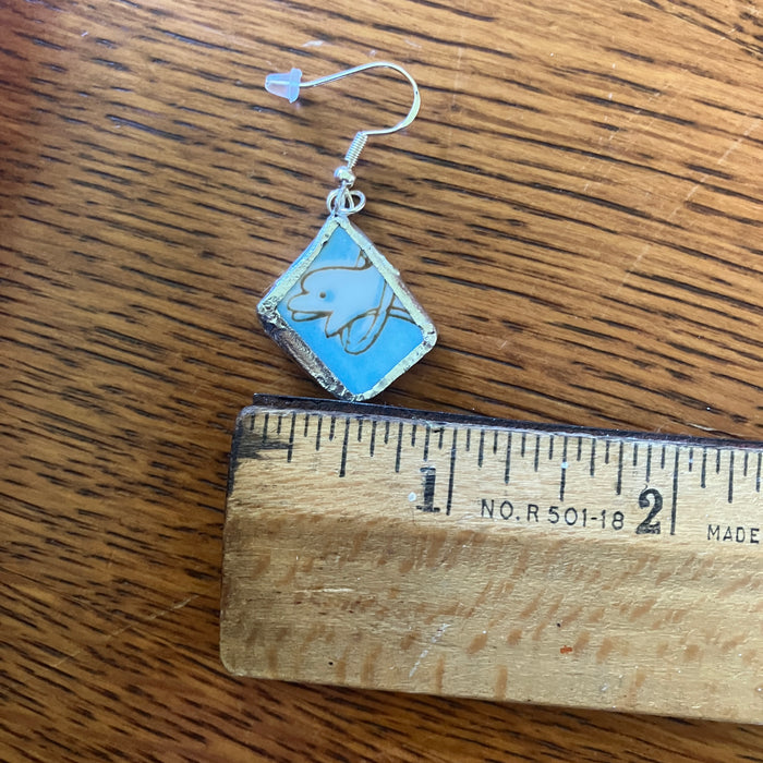 Broken Pottery Artisan Made Dolphin Earrings Haruka Japan Bowl Handcrafted Dangle Earrings