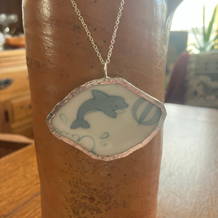 Broken Pottery Artisan Made Dolphin Pendant Haruka Japan Bowl Handcrafted Necklace 2 3/8 in x 1.5 in