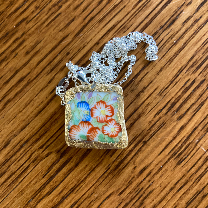 Broken Pottery Artisan Made Floral Pendant Diamond Brand Plate Handcrafted Necklace 3/4 in x 1/7 in