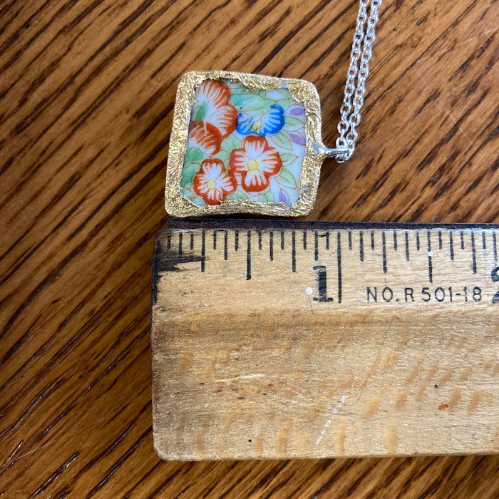 Broken Pottery Artisan Made Floral Pendant Diamond Brand Plate Handcrafted Necklace 3/4 in x 1/7 in