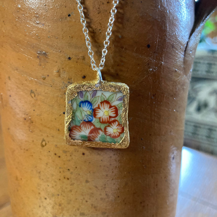 Broken Pottery Artisan Made Floral Pendant Diamond Brand Plate Handcrafted Necklace 3/4 in x 1/7 in