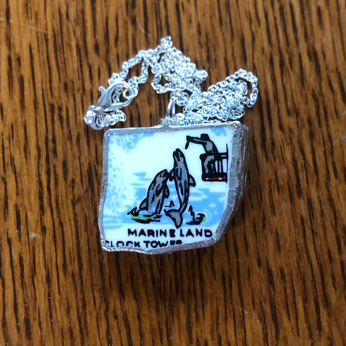 Broken Pottery Artisan Made Marineland Pendant Florida Collectors Plate Handcrafted Necklace 1.25in x 1 1/8in