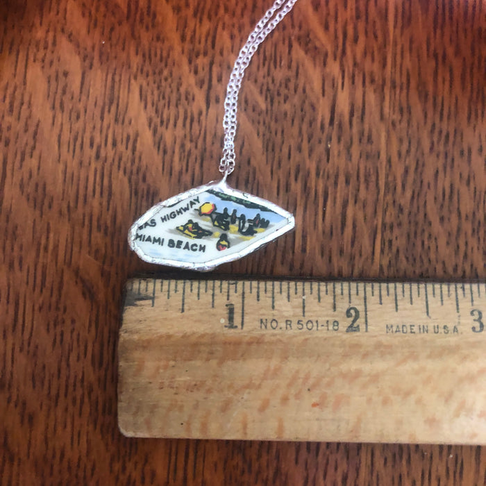 Broken Pottery Artisan Made Miami Beach Pendant Florida Collectors Plate Handcrafted Necklace 1 3/8in x 3/4in