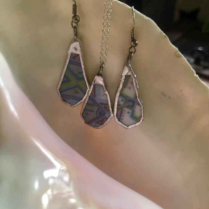 Broken Pottery Artisan Made Pendant And Dangle Earring Set Sango One World Japan Plate Handcrafted Jewelry Set