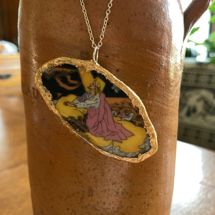 Broken Pottery Artisan Made Pendant Christian Religious Plate Handcrafted Necklace 2.25 in x 1.25 in