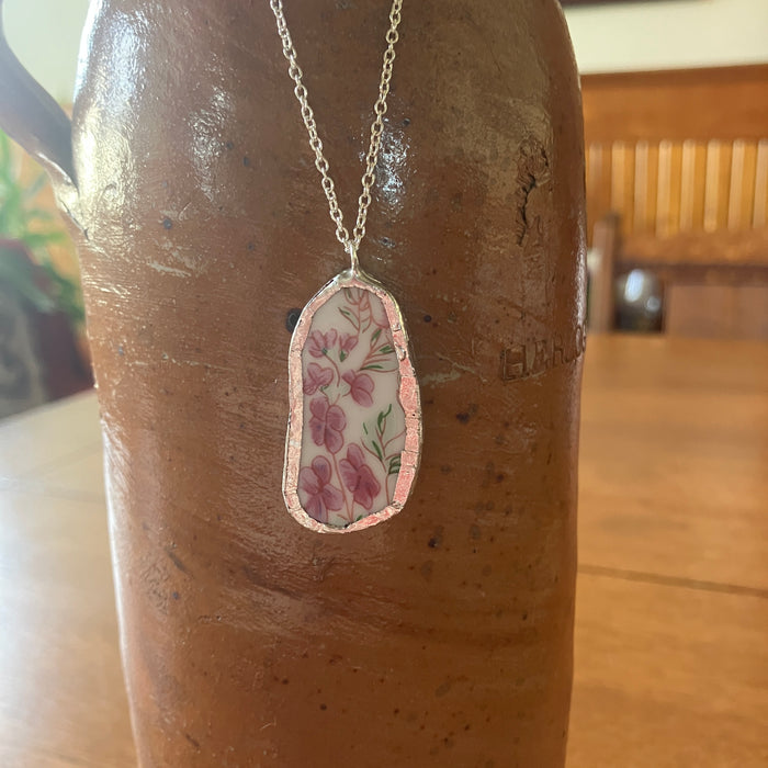 Broken Pottery Artisan Made Pendant Floral Plate Handcrafted Necklace 3/4 in x 1.5 in