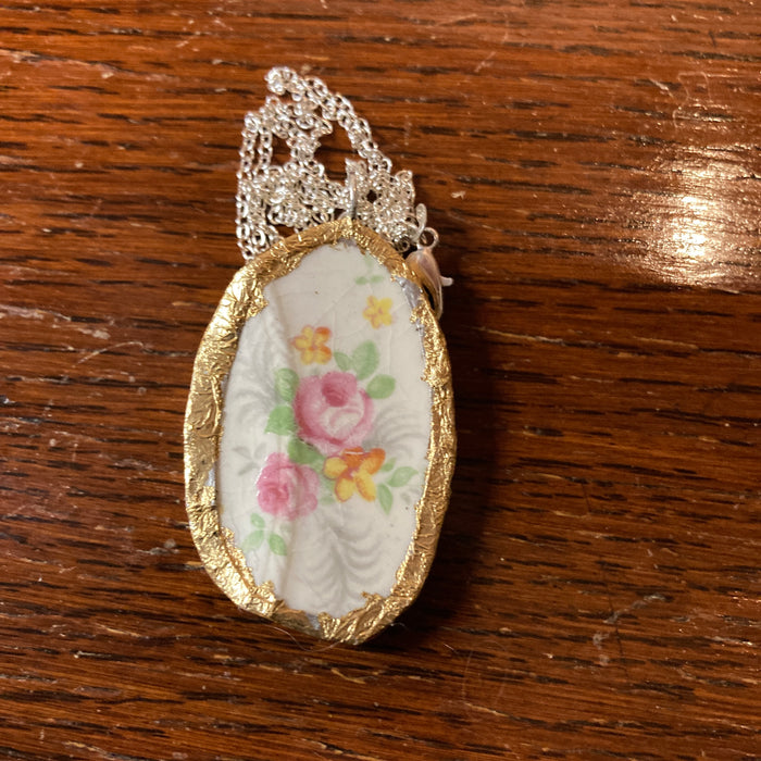 Broken Pottery Artisan Made Pendant Made In USA Plate Handcrafted Necklace 1 in x 1.75 in