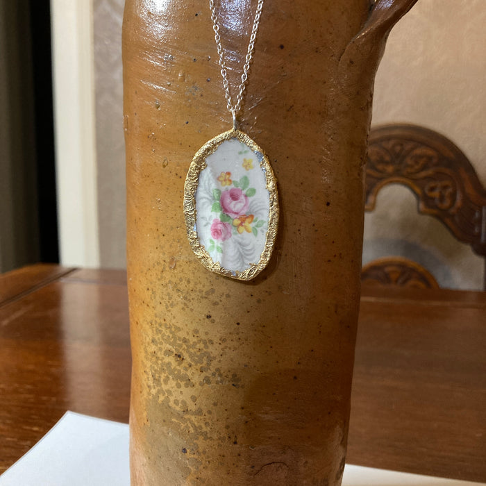 Broken Pottery Artisan Made Pendant Made In USA Plate Handcrafted Necklace 1 in x 1.75 in
