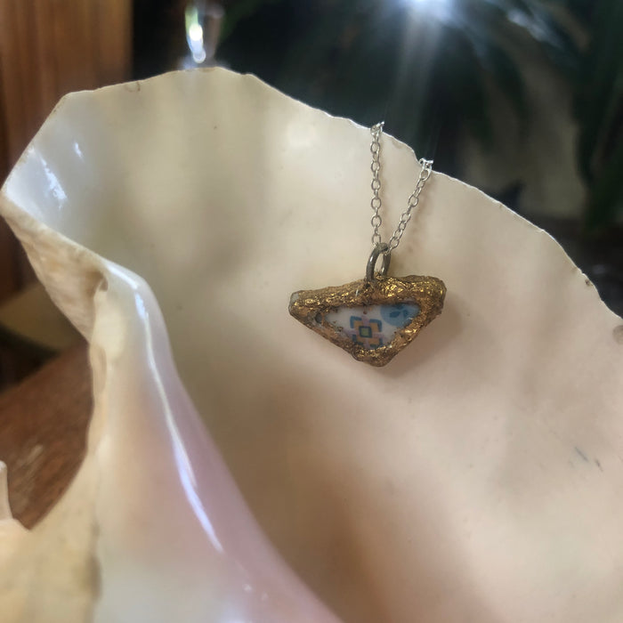 Broken Pottery Artisan Made Pendant Sango One World Japan Plate Handcrafted Necklace 3/4in x 1in