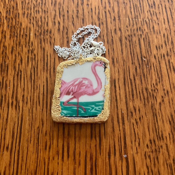 Broken Pottery Artisan Made Pendant Stoneware Flamingo Plate Handcrafted Necklace 1in x 1.25in