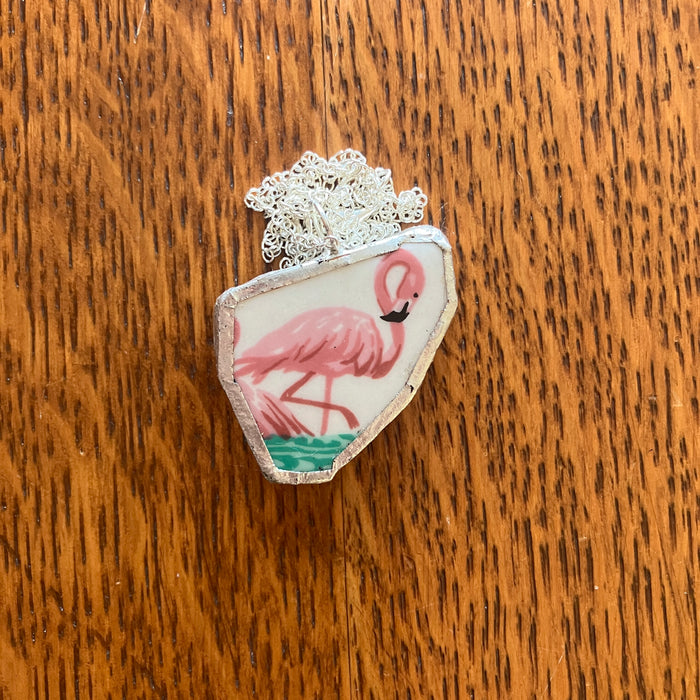 Broken Pottery Artisan Made Pendant Stoneware Flamingo Plate Handcrafted Necklace 1.25in x 1.25in