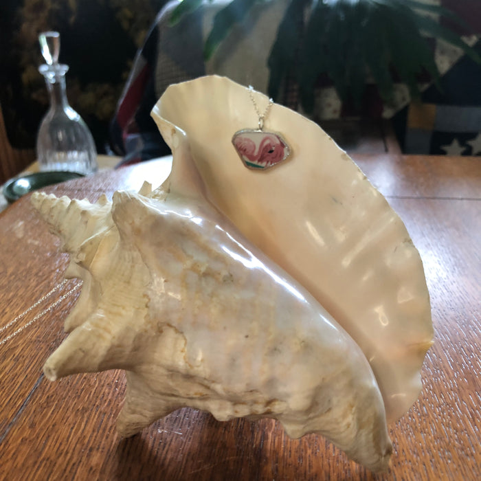 Broken Pottery Artisan Made Pendant Stoneware Flamingo Plate Handcrafted Necklace 1.25in x 3/4in