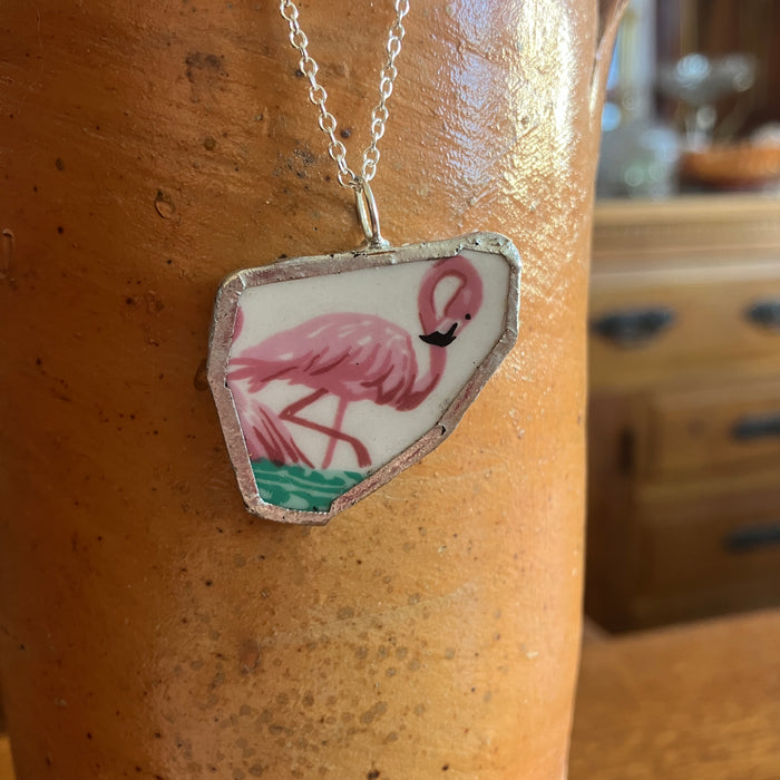 Broken Pottery Artisan Made Pendant Stoneware Flamingo Plate Handcrafted Necklace 1.25in x 1.25in