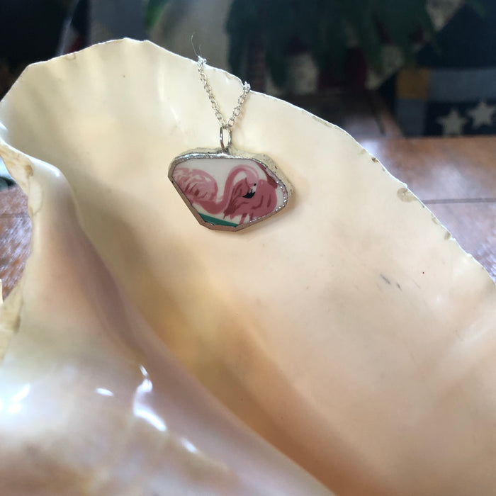 Broken Pottery Artisan Made Pendant Stoneware Flamingo Plate Handcrafted Necklace 1.25in x 3/4in