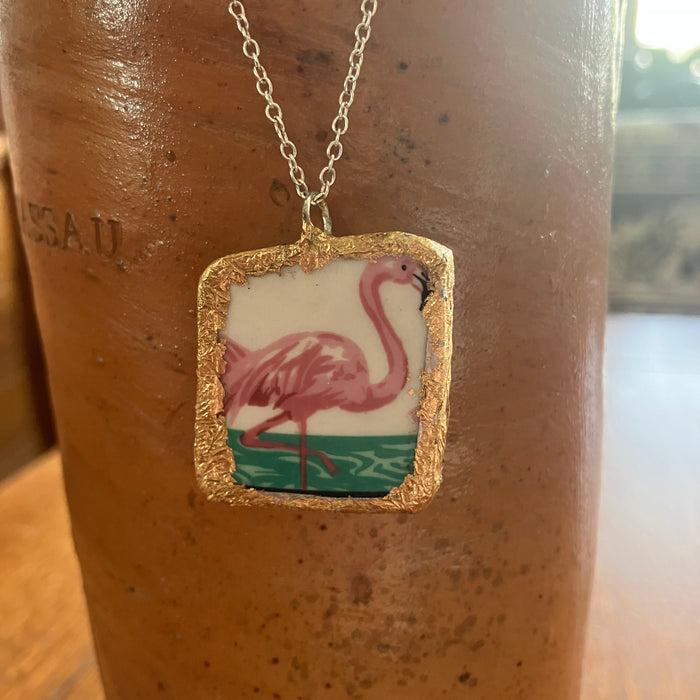Broken Pottery Artisan Made Pendant Stoneware Flamingo Plate Handcrafted Necklace 1in x 1.25in