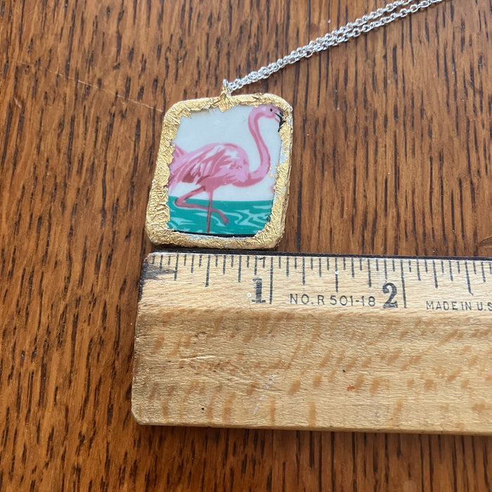 Broken Pottery Artisan Made Pendant Stoneware Flamingo Plate Handcrafted Necklace 1in x 1.25in