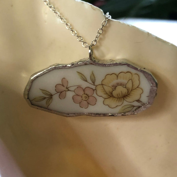 Broken Pottery Artisan Made Pendant Style House Rose Garden Made In Japan Plate Handcrafted Necklace 1.75in x 3/4in