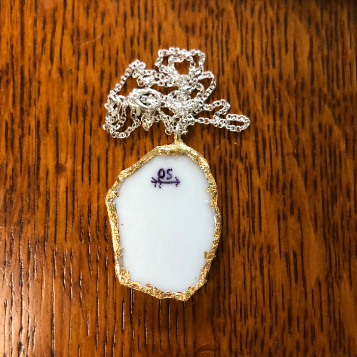 Broken Pottery Artisan Made Pendant Style House Rose Garden Made In Japan Plate Handcrafted Necklace 1.5in x 1 1/8in