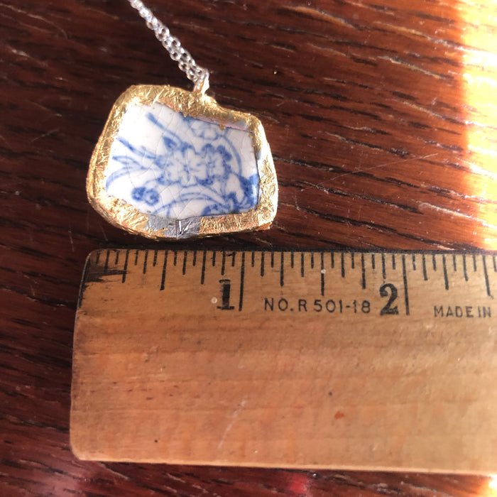 Broken Pottery Artisan Made Pendant Unbranded Blue Floral Plate Handcrafted Necklace 1.25 in x 1 in