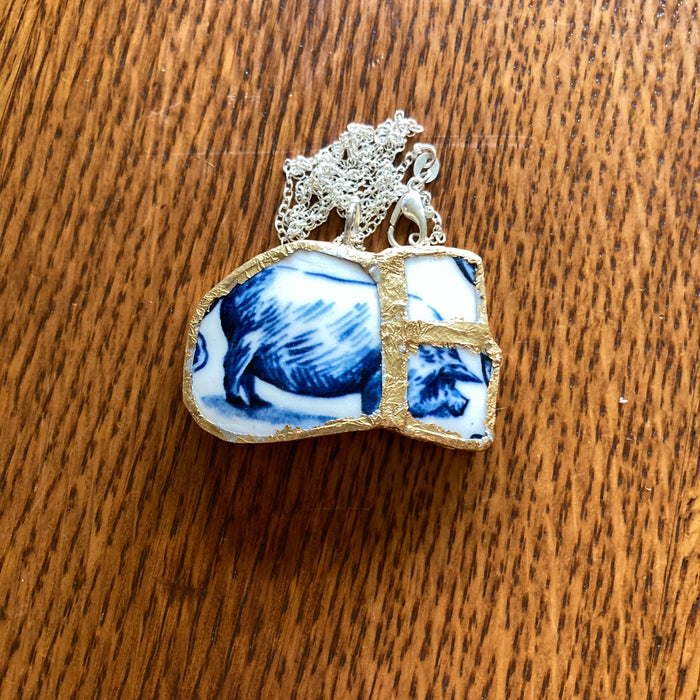 Broken Pottery Artisan Made Pig Pendant Molly Hatch Mug Handcrafted Necklace 1.75 in x 1 1/8 in